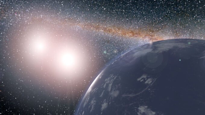 An illustration of the Kepler-35 system with a planet in the foreground and two stars in the background.