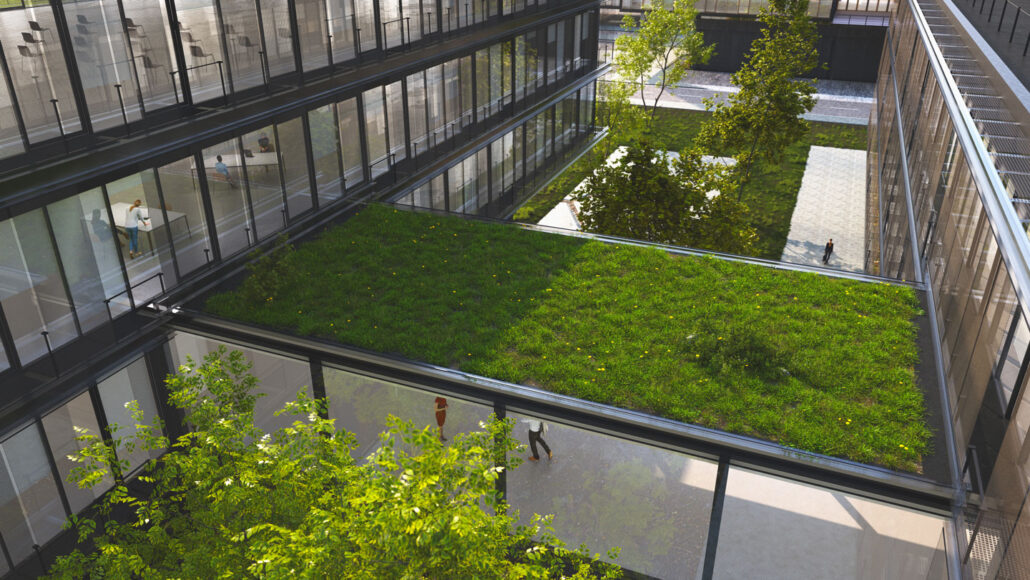 An illustration of gardens in a courtyard, including green space on the roof of a walk way between glass buildings.