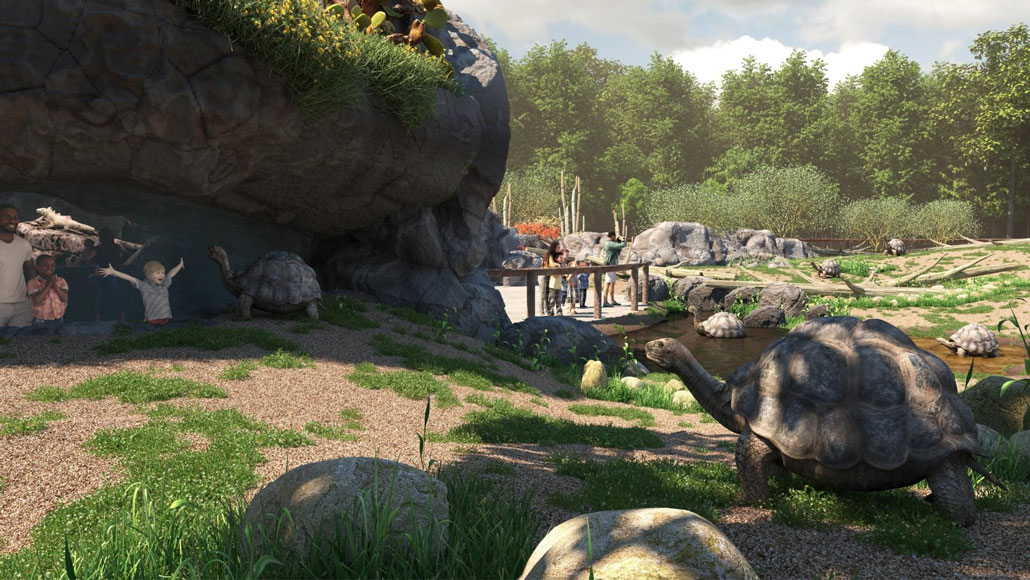 An artist rendering of several giant tortoises in a field and small body of water while zoo guests look on.