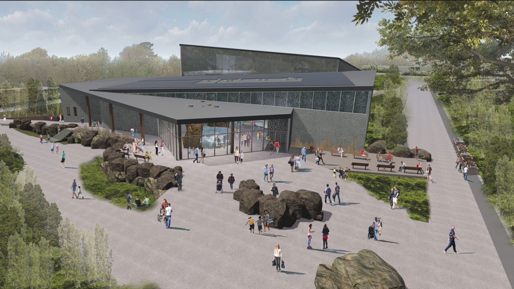 An artist rendering of the exterior of the new Kansas City Zoo's aquarium with people walking around outside.