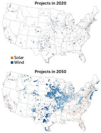 Two maps showing few solar and wind projects in 2020 and many more proposed projects in 2050 to help reach net zero.