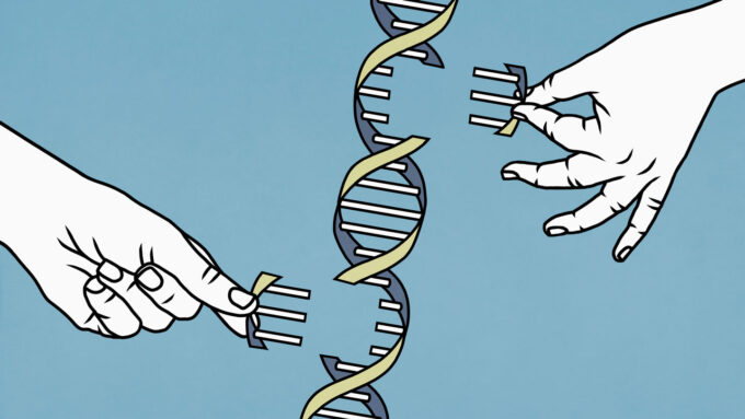 an illustration of a DNA helix with hands inserting missing peices on either side