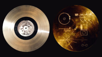 A photo of the Golden Record and its cover from the Voyager spacecraft.
