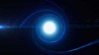A blue spiral that coalesces into a white ball of light against a black background