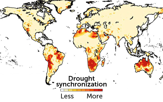 A world map showing drought hot spots in red throughout portions of Australia, Africa and South America.