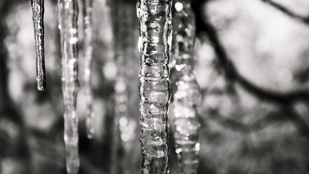 A closeup photo of a large icicle with others hanging out of focus in the background.