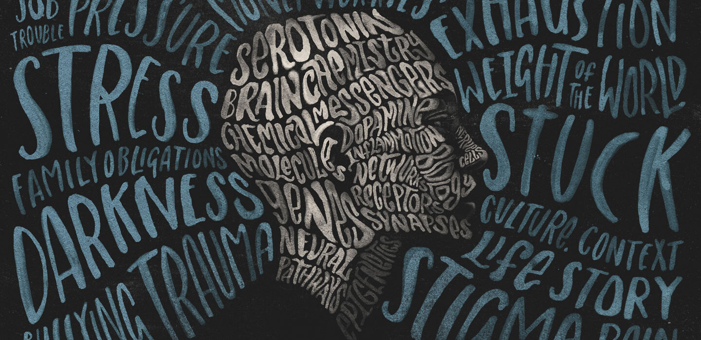 An illustration of a person's head in profile created with words.
