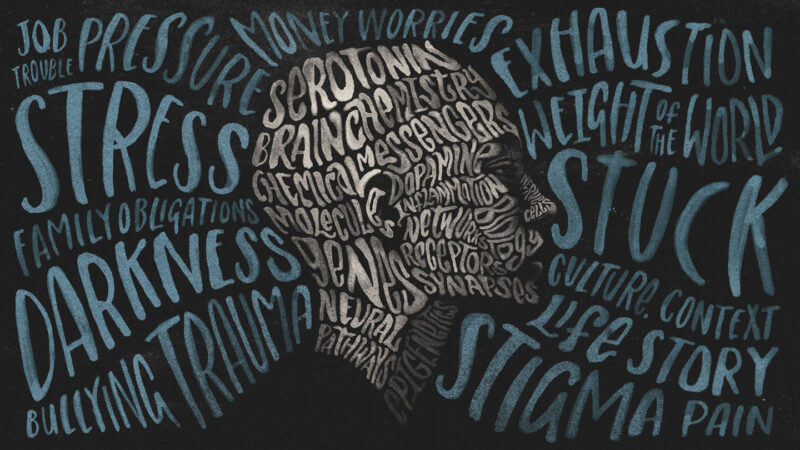 An illustration of a person's head in profile created with words.