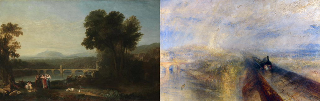 Two paintings by Joseph Mallord William Turner side by side. On the left,Apullia in Search of Appullus and on the right Rain, Steam and Speed — the Great Western Railway.