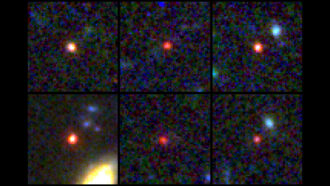 Six images from the James Webb Space Telescope with three on top and three on the bottom. Each shows a different bright, red, dot that is a galaxy.