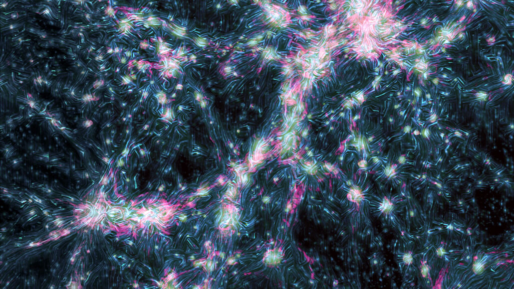 A siмulation image of filaмents and clusters shown in Ƅlue lines and pink dots.