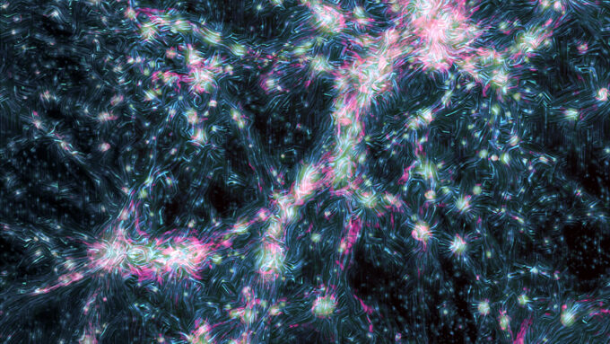 A simulation image of filaments and clusters shown in blue lines and pink dots.