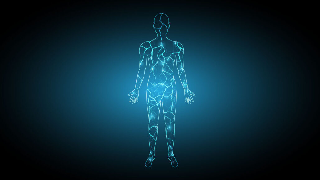 An illustration of a body created with light blue lines to simulate electricity.