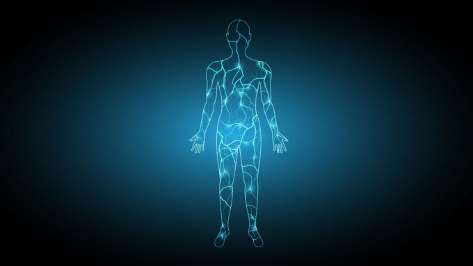 An illustration of a body created with light blue lines to simulate electricity.