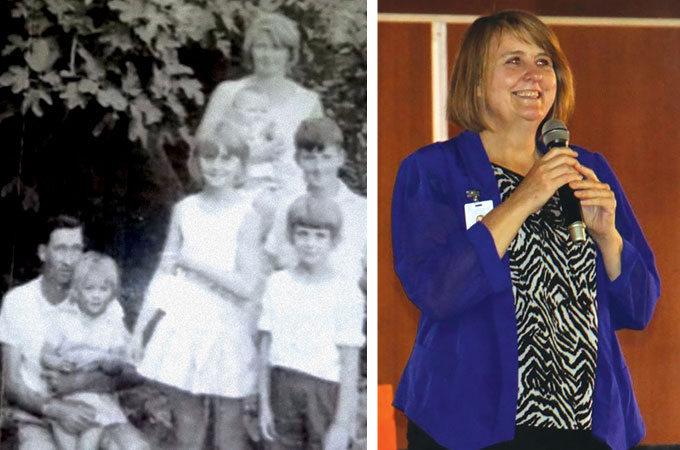 Two photos of Trish Tran. On the left is a black and white family photo with Tran as a small child sitting on her fathers lap while to their right her mother holds a baby and her three siblings stand. The photo on the right is Tran as an adult holding a microphone and smiling.