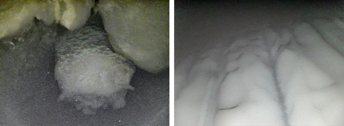 Two photos side by side.  On the left is a photo of balls of ice with a greenish tint while on the right is a photo of ice that has formed in vertical grooves.
