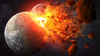 An illustration of a planet crashing into Earth, setitng off a huge explosion and launching chunks of rock into space
