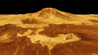 An image of Maat Mons on Venus based on data from spacecraft. A yellow mountain rises up on a black background with a brown area in the foreground.