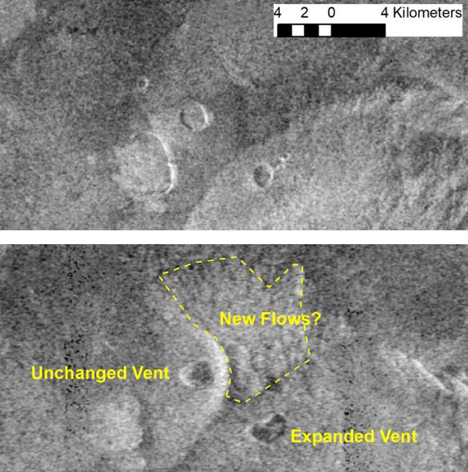 Dos imágenes de radar de la superficie de Venus desde la nave espacial Magallanes en tonos de gris.  Los científicos pudieron demostrar que las diferencias aparentes de un cráter se debían a esas diferencias de imagen (ventilación sin cambios).  Otro (ventilación expandida) se debió a cambios reales en la superficie de Venus, probablemente una erupción volcánica.