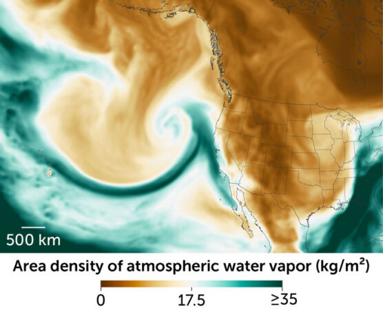 A map illustrating an atmospheric river swirling around dry air off the west coast of the U.S. The 'river' runs from the Pacific Ocean up to around Oregon then abruptly down toward Mexico.