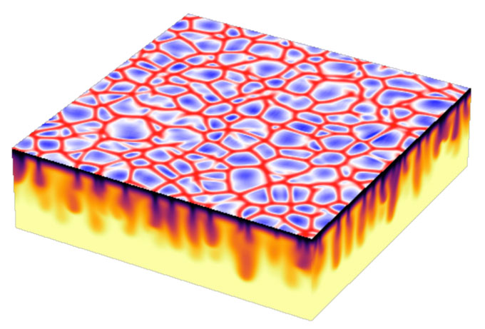 تصویری از یک شبیه‌سازی کامپیوتری که آب زیرزمینی با شوری بالا را به رنگ ارغوانی نشان می‌دهد و نحوه شکل‌گیری آن به شکل شش ضلعی روی سطح قرمز را نشان می‌دهد.
