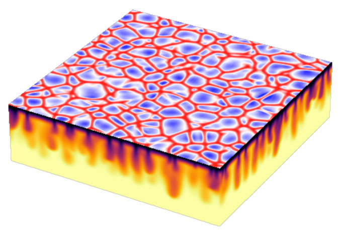 An image from a computer simulation showing the high-salinity groundwater in purple and how it forms into a hexagonal shape on the red surface.