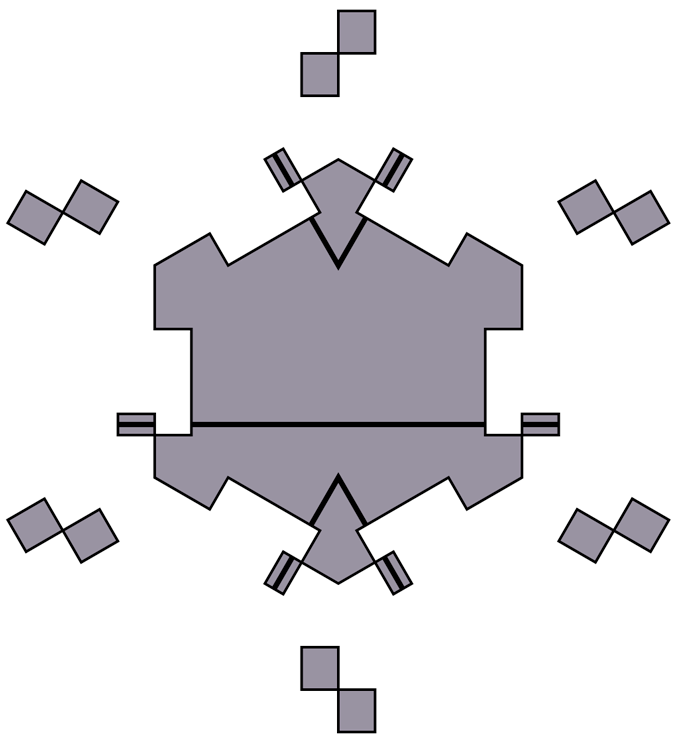 An image of a Taylor-Socolar tile which looks like a hexagonal shape with polygons jutting out from the edges and pairs of smaller rectangles surrounding it.