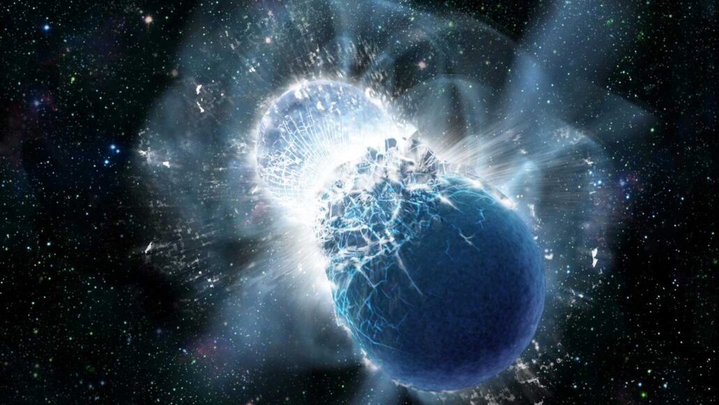 illustration of two merging neutron stars in blue