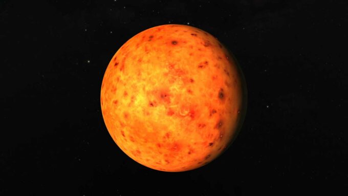 An illustration of an orange planet with dark orange and red spots scattered across its surface.
