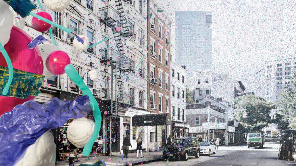 A photo of a city street with over large bits of microplastics overlaying the image.