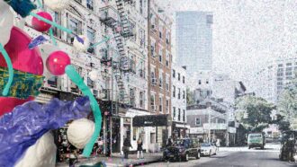 A photo of a city street with over large bits of microplastics overlaying the image.