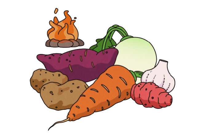 illustration of vegetables with a campfire in the background