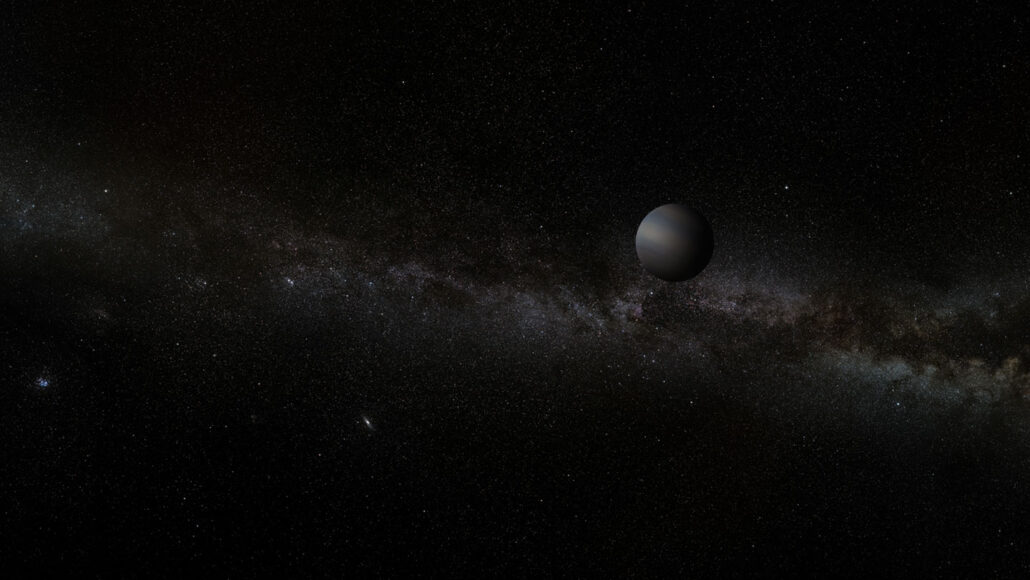 A dark planet in space with no star nearby, with a galaxy distantly cutting through the background