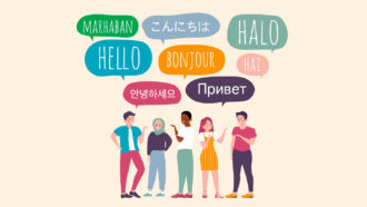An illustration of five people standing around on a cream colored background. Above all of them are multi-colored speech bubbles with the word "Hello" in multiple languages.