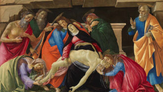 An oil painting showing a woman holding the body of Jesus Christ while another woman holds his head and another his feet. There are several men standing around and looking at the scene. All are brightly dressed.