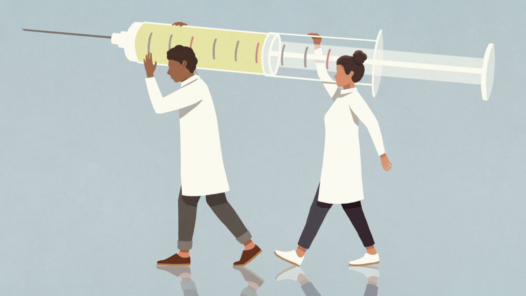 An illustration of two doctors carrying a giant syringe on their shoulders.