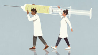 An illustration of two doctors carrying a giant syringe on their shoulders.