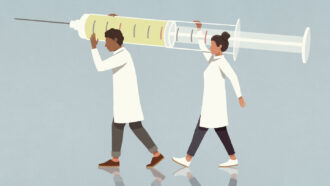 article essay about depression An illustration of two doctors carrying a giant syringe on their shoulders.