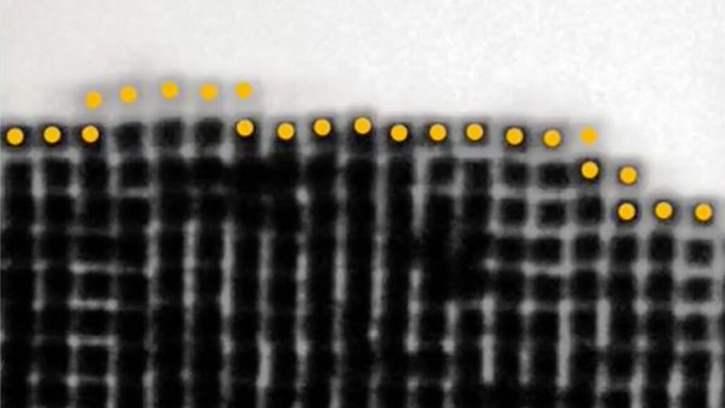 A microscopic image of columns of black particles. The top row has gold dots in the center