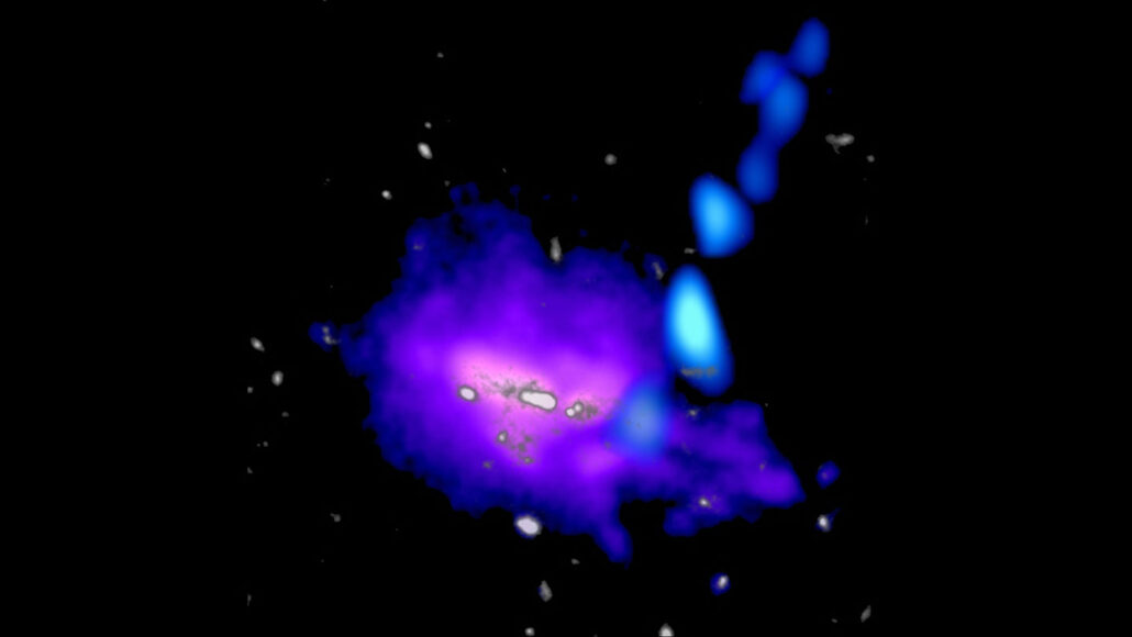 A telescope image of a long stream of cold cosmic gas seen as a blue line coming off a big purple circle on a dark background.