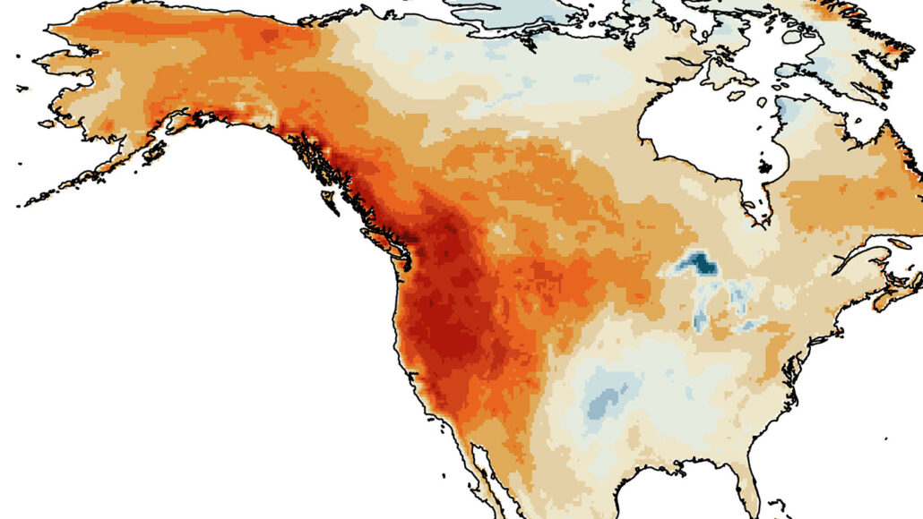 A United States maps focused on the average summer temperatures in 2021. The west coast is covered in a darker red color while the rest of the country is a light red/orange color.