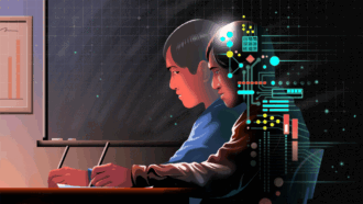 a side profile of a young man sitting in a classroom taking notes at a desk. He is looking at another young man next to him, who is also writing. Overlaid over the second student are animations suggesting computing, algorithms and artificial intelligence