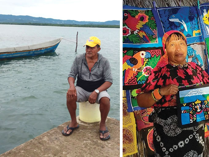 On the left a photo of Pedro Lopez sitting on a stool at the edge of concrete platform with the water and a boat in the background. On the right a photo of Heliodora Murphy standing in front of colorful woven artwork while she holds a pice up for the camera.