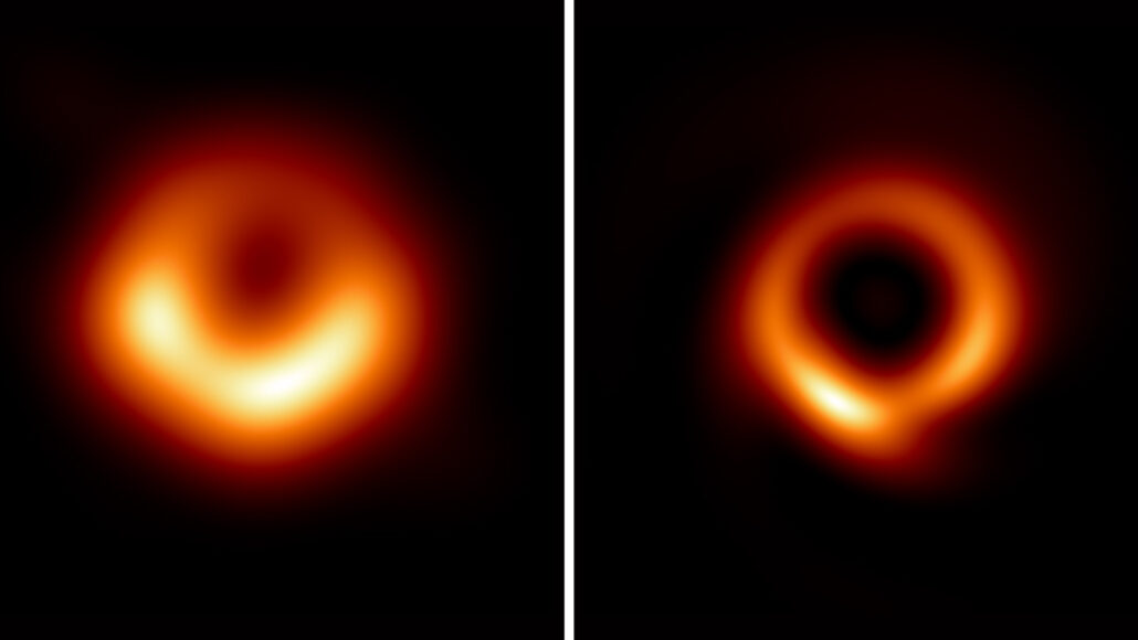 Two photos of the same black hole in M87 side by side. The image on the left is the original and appears to be a fuzzy black center with a ring of orange around it. The image on the right is similar but clearly a dark circle in the middle with an orange ring around it.