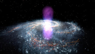 An illustration of the Milky Way with two bubbles shown in blue and purple coming from the center of the galaxy.