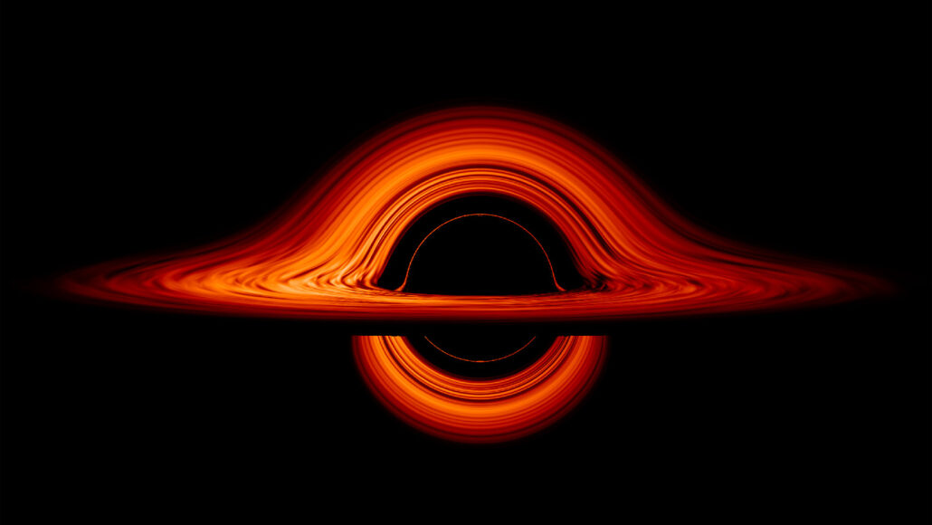 An image showing a black hole with a red ring surrounding it and going horizontally across the front.