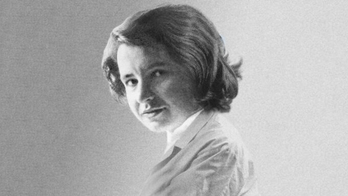 A black-and-white headshot of Rosalind Franklin