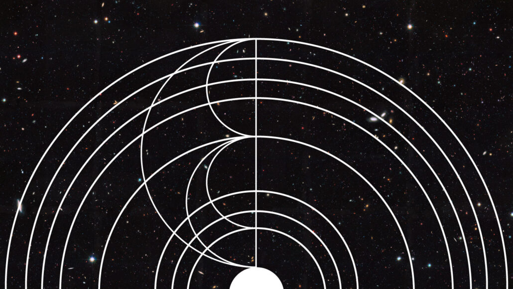 An image of a white half circle at the bottom-center on a starry background. There are 8 arches spreading away from the circle.