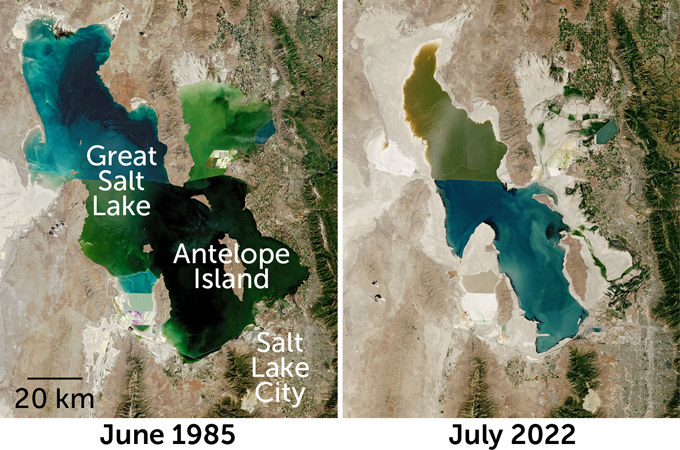 Two satellite images next to eachother. On the left is a blue and green view of Great Salt Lake and Antelope Island taken in June 1985. On the right is an image of Great Salt Lake and Antelope Island from July 2022 with a much smaller area of blue and green. The previous borders of the lake are visible.