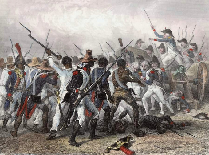 Ein Bild einer großen Gruppe haitianischer Soldaten, die mit Gewehren und Bajonetten gegen eine Gruppe französischer Soldaten kämpfen.